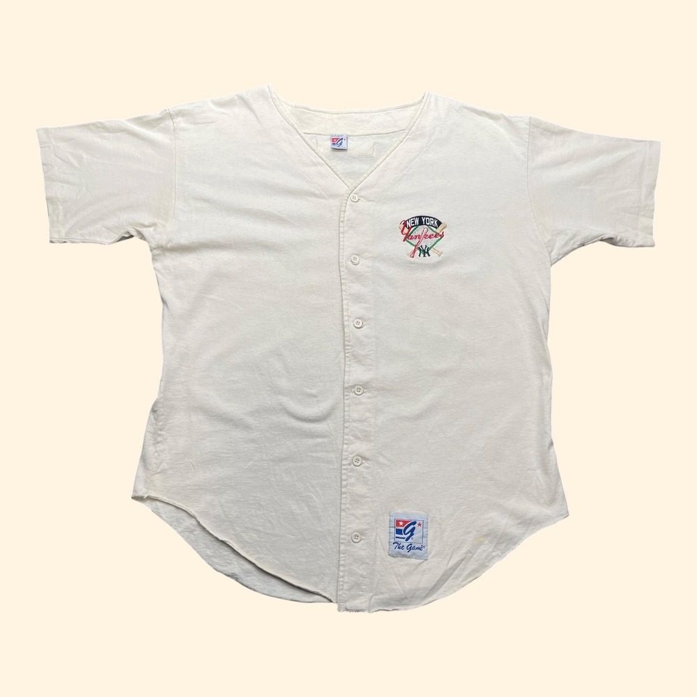 Vintage Retro The Game New York Yankees Baseball Jersey Cream Mens LARGE 90s MLB